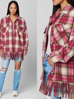NWOT Blank NYC Pink Plaid Fringe Button-Down Shacket